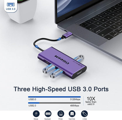 USB C Hub, QGeeM USB 4k to HDMI Adapter, 7 in 1 USB-C Dongle with 100W PD,USB 3.0, Card Reader, Compatible for MacBook iPhone 15/17 Ipad Pro max,Chromebook Laptop USB Type C Dock-Purple