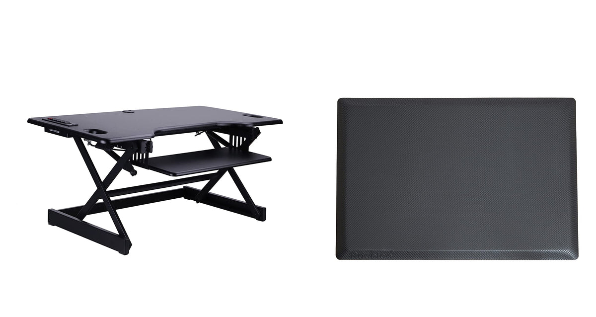 Rocelco 32" Height Adjustable Standing Desk Converter - Sit Stand Computer Workstation Riser - Dual Monitor Retractable Keyboard Tray Gas Spring Assist - Black (R EADRB2)