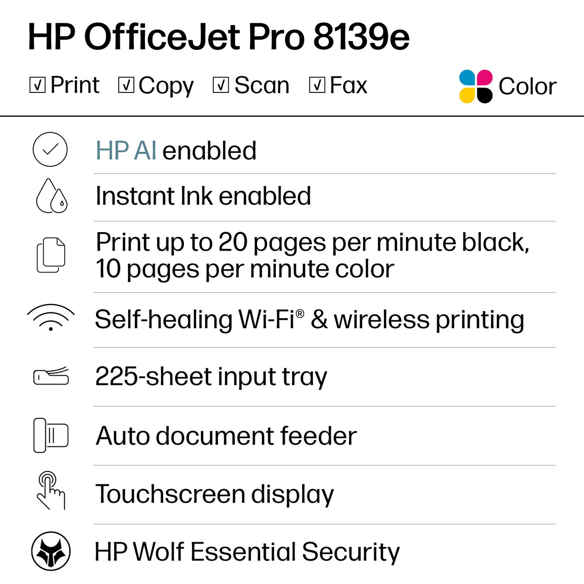 HP OfficeJet Pro 8139e Wireless All-in-One Color Inkjet Printer, Print, scan, Copy, fax, ADF, Duplex Printing Best-for-Home Office, 1 Year Instant Ink Trial Included, AI-Enabled (40Q51A)
