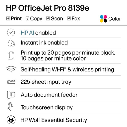 HP OfficeJet Pro 8139e Wireless All-in-One Color Inkjet Printer, Print, scan, Copy, fax, ADF, Duplex Printing Best-for-Home Office, 1 Year Instant Ink Trial Included, AI-Enabled (40Q51A)