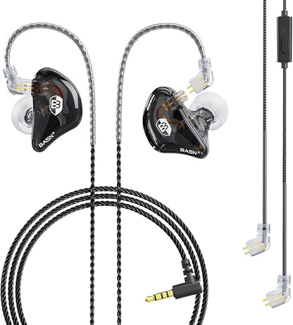 BASN Bsinger Professional in Ear Monitor Headphones, Dual Drivers 2-Pin IEM Earbuds with Mic, Clear Sound HiFi Earphones for Musicians Drummers and Stage (Black, 2-Pin)