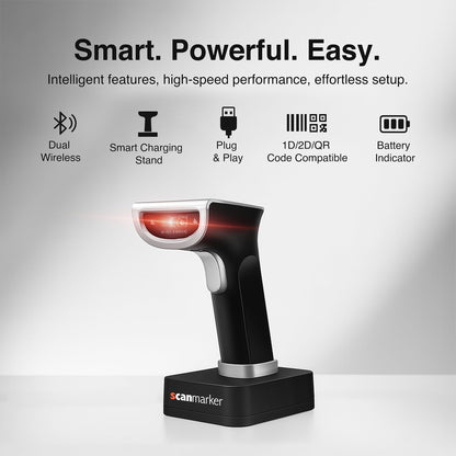 Scanmarker 1D/2D Barcode Scanner Wireless – Boost Speed & Accuracy with Bluetooth Barcode Scanner & 2.4G Modes – Handheld QR & Wireless Barcode Scanner with Charging Stand for Laptop, iOS & Android
