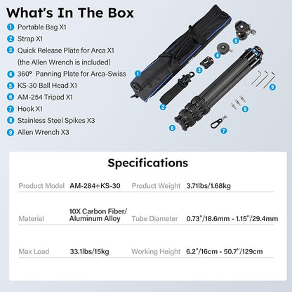 SIRUI Carbon Fiber Camera Tripod, 50.7" Professional Heavy Duty Tripod with 36mm Low Profile Ball Head, Quick Release System, Max Load 33lbs/15kg, AM-284+KS-30