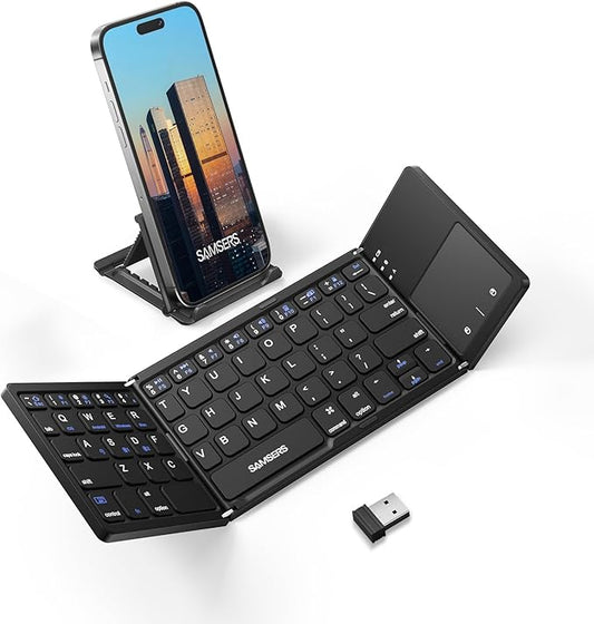 Samsers Multi-Device Foldable Bluetooth Keyboard with Touchpad, Rechargeable Folding Keyboard with Holder, Portable Travel for Android Windows iOS Mac OS, Support 3 Devices - Black