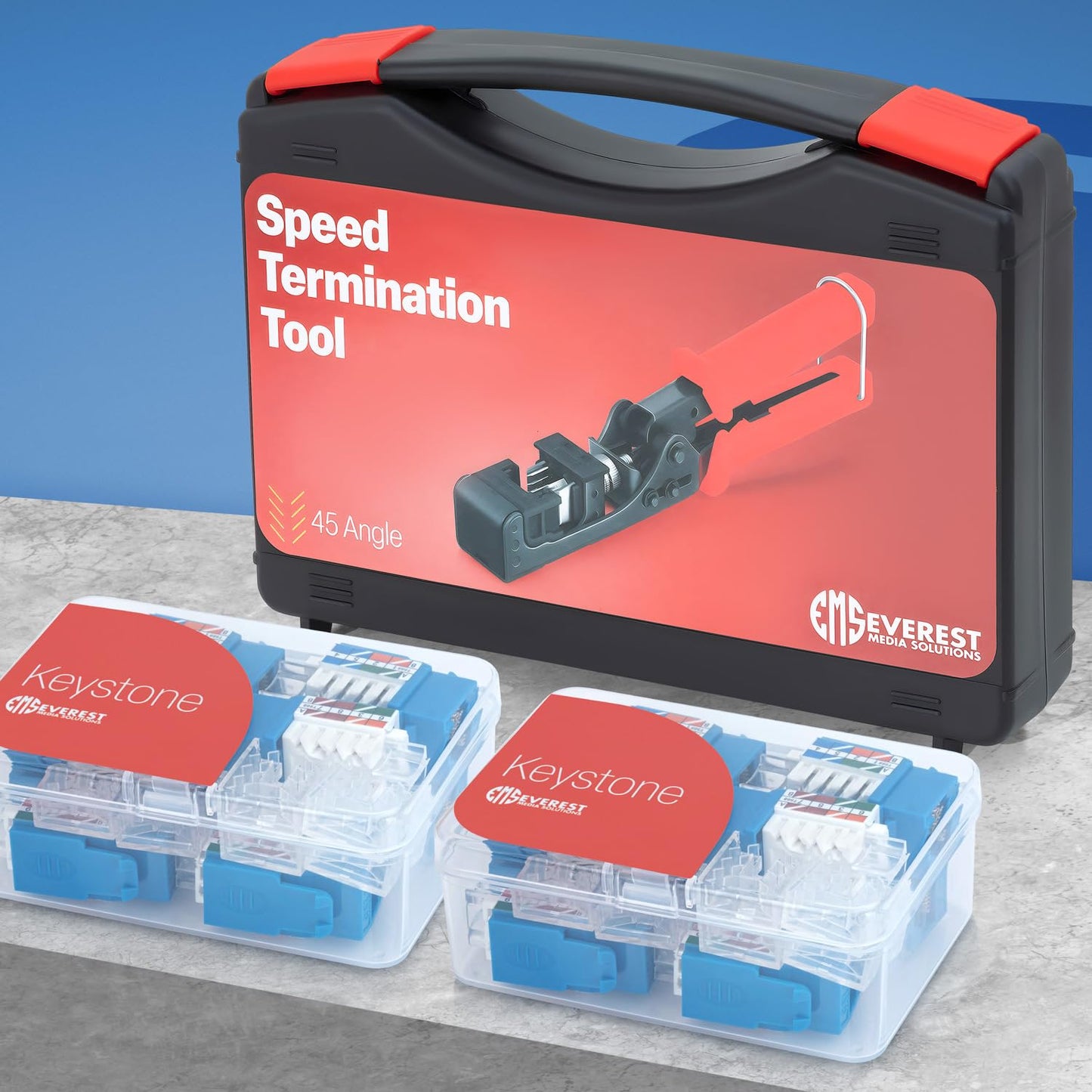 Everest 45Term - 45° Angled Speed Termination Keystone Tool Set - with 20-Pack of RJ45 Cat6 Keystone Jacks in Blue (Slim Profile Design) - Time Saver Network Punch Down Tool Cat6