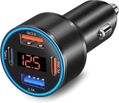 USB C Car Charger, 4-Port 65W Dual 12V USB-A & USB-C Car Phone Charger with Voltmeter PD/QC 3.0 Fast Charging Cigarette Lighter Adapter for iPhone 16e 15 14 13 12 11 Pro Max,Samsung, Android(Black)