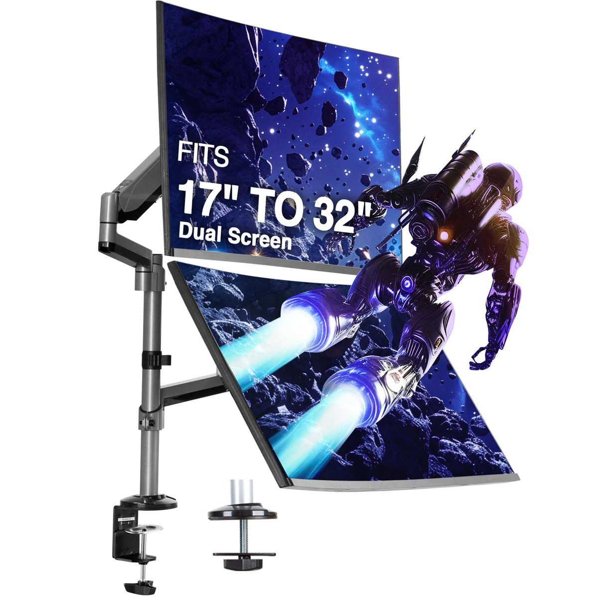 AVLT Dual Stacked Monitor Arm Desk Mount for 13-27" Screens - Silver