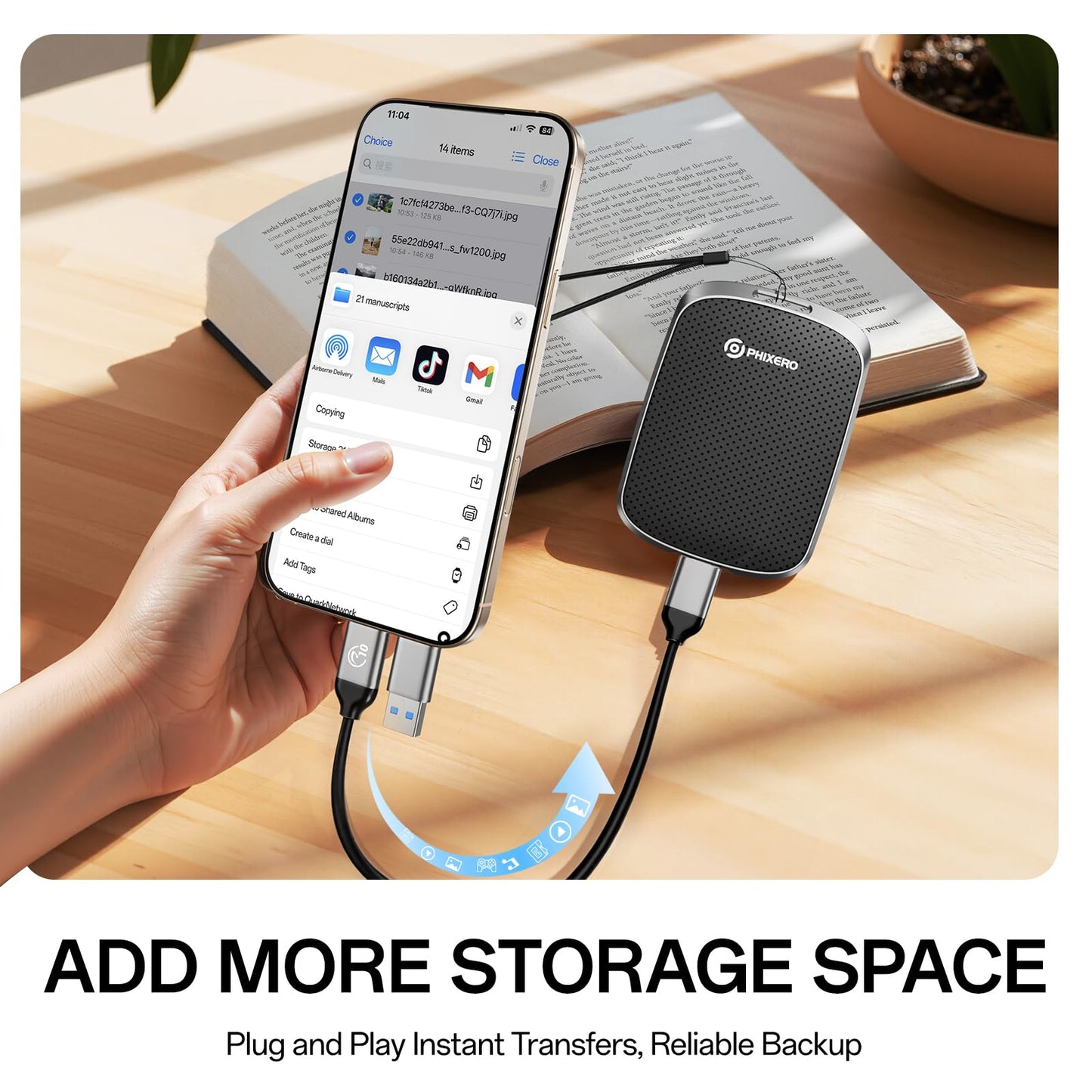 PHIXERO Portable External SSD 2TB Up to 550MB/s, USB 3.2 Gen 2 USB C to C&A for Smartphone/Tablet/PC/Laptop/Camera (Black)
