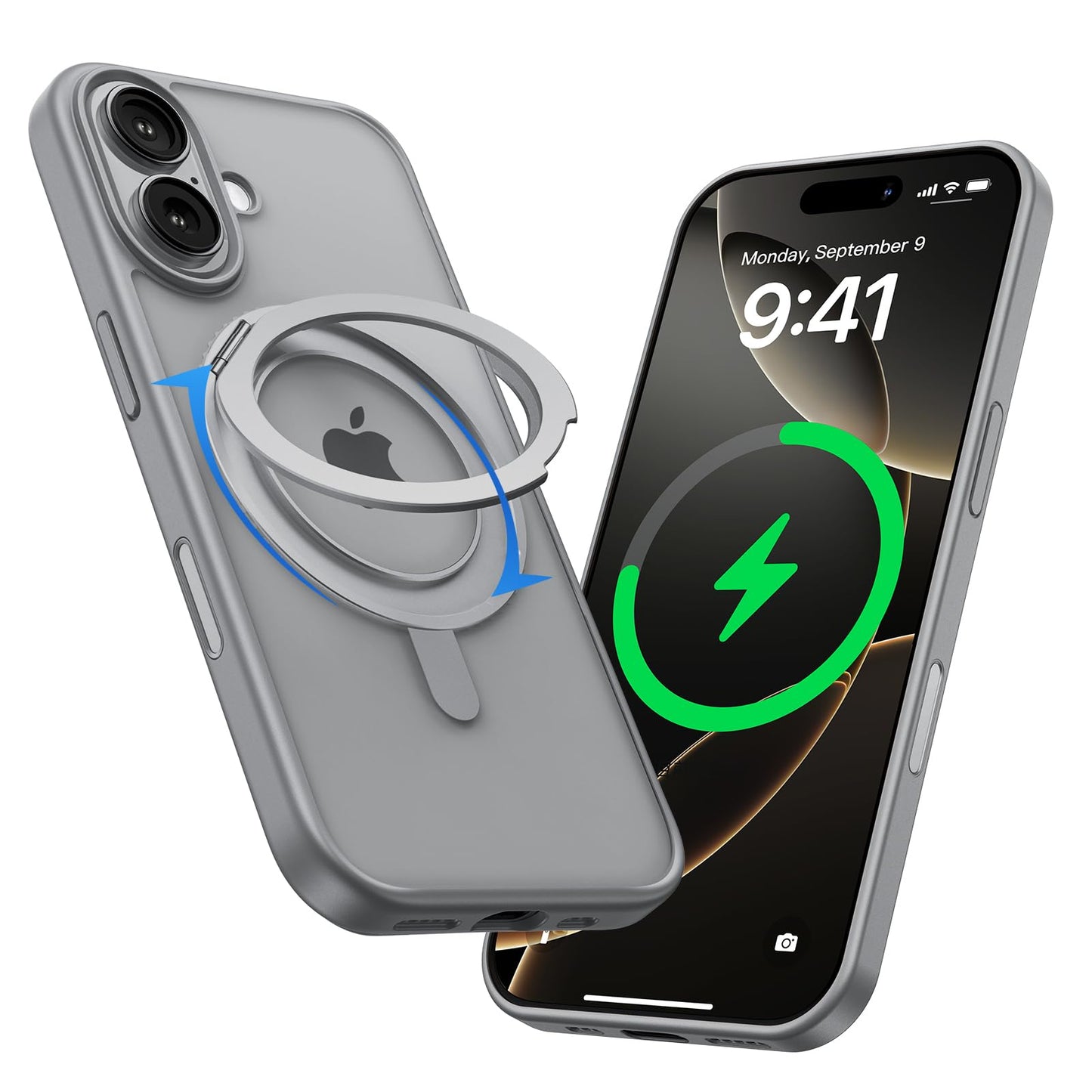 MAGIC JOHN 360° Rotatable Magnetic Invisible Stand for iPhone 16 Case [Camera Control Button] [Compatible with MagSafe] 16FT Shockof for iPhone 16 Case with Kickstand, Gray
