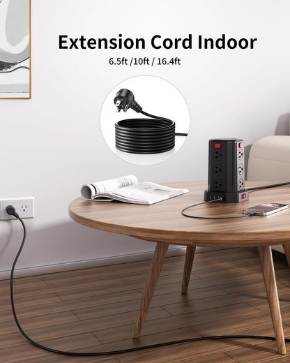 Power Strip Surge Protector, 6.5 Ft Extension Cord with 12 AC Multiple Outlets 4 USB (1 USB C), SMALLRT Power Tower Desktop Charging Station
