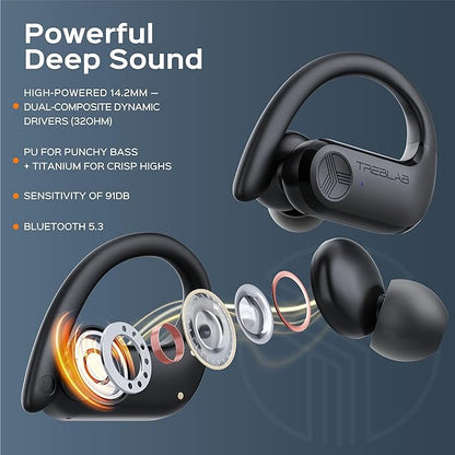 TREBLAB X3 Pro - Workout True Wireless Earbuds, Comfortable Earhooks, Bluetooth 5.3, Punchy Bass, Noise Isolation, 145H Playtime, IPX5 Waterproof, Sweatproof, 2 Mics for Calls, Sport Bluetooth Earbuds