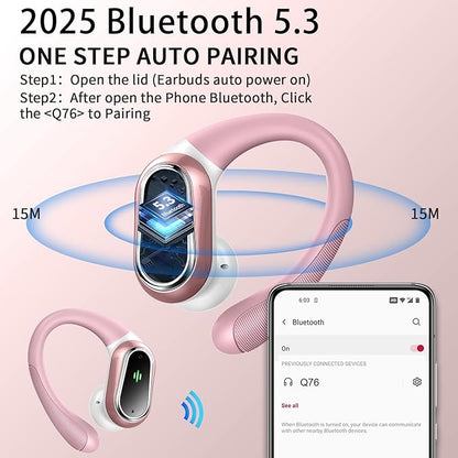 Wireless Earbuds, 2025 Bluetooth 5.4 Headphones Sport, Bluetooth Earbuds with ENC Noise Canceling Mic, 50H Stereo Wireless Headphones IP7 Waterproof with Earhooks, Dual LED Display for Workout/Running