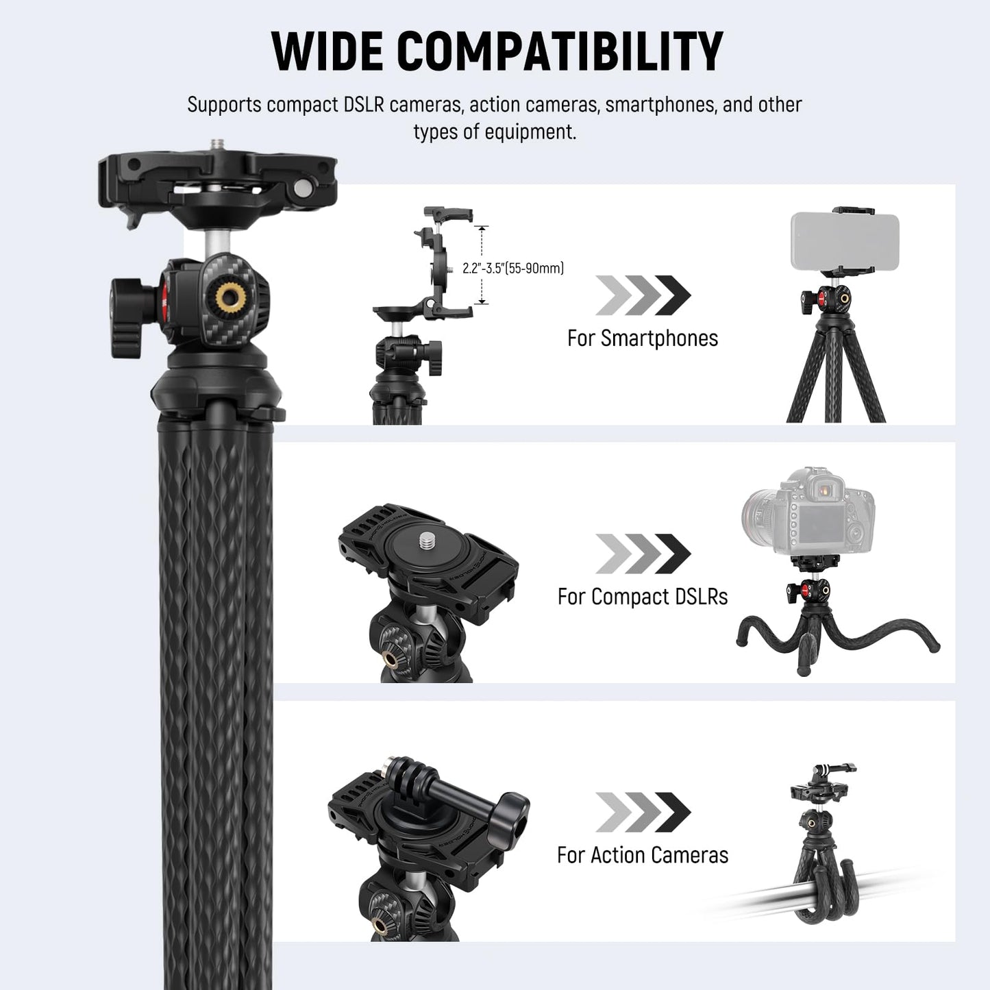 NEEWER Flexible Tripod with Remote, Mini Camera Phone Tripod Stand with Hidden Phone Holder&Action Camera Adapter Compatible with iPhone GoPro Hero13 12 11 10 DJI Insta360 Samsung for Vlogging, TP34