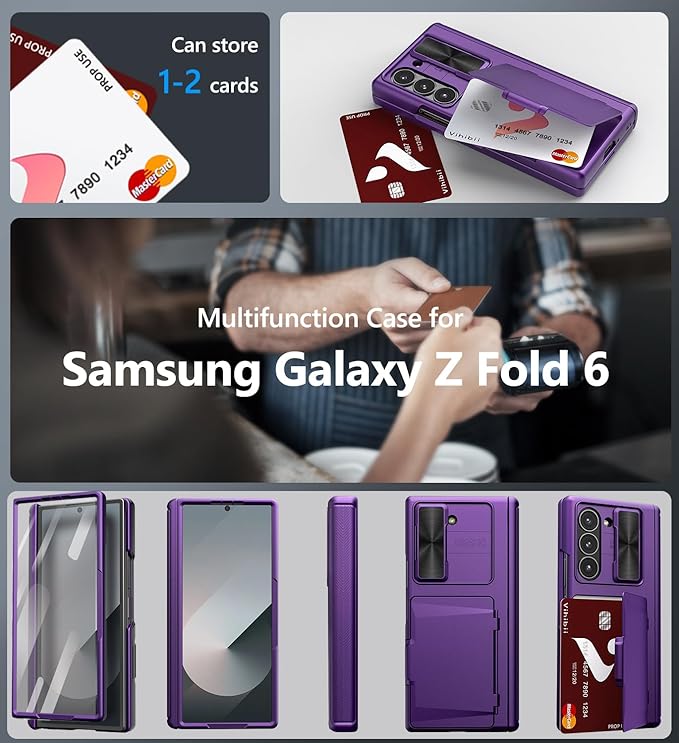 Vihibii for Samsung Galaxy Z Fold 6 Case with Card Holder & Camera Protective Cover & Hinge Protection & Front Screen Protector, Full Body Sturdy Wallet Case for Samsung Galaxy Z Fold 6, Dark Purple