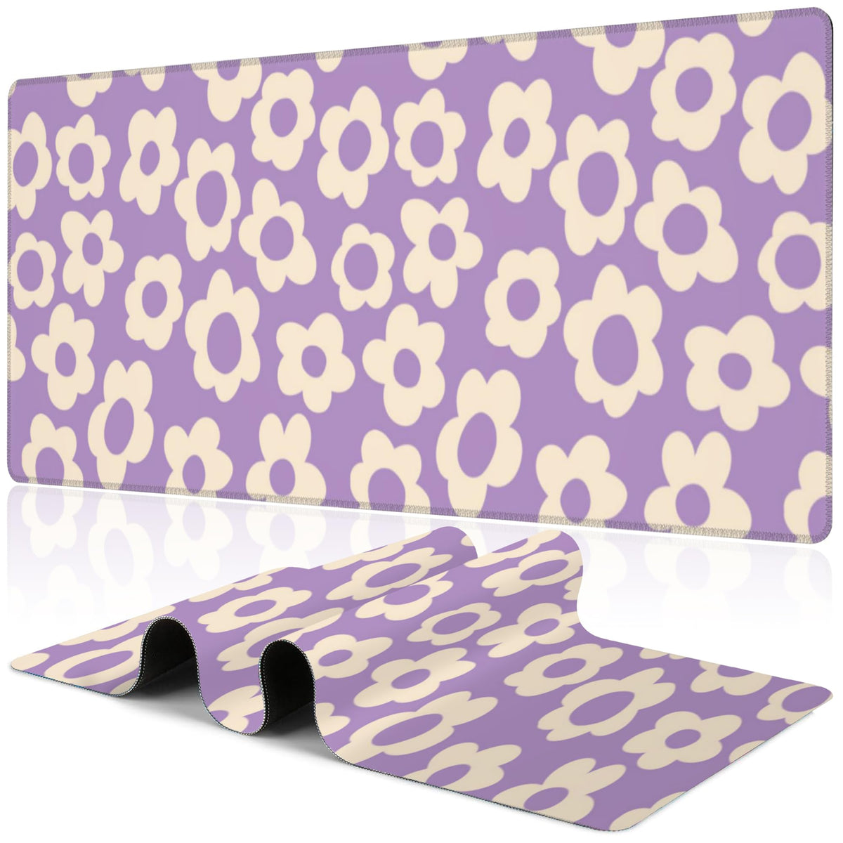 Purple Groovy Flowers Desk Mat,Large Vintage Floral Gaming Keyboard Mouse Pad,Non-Slip Rubber Base Desk Pad Thick Stitched Edges Waterproof Mousepad Mouse Mat 31.5"x11.8"