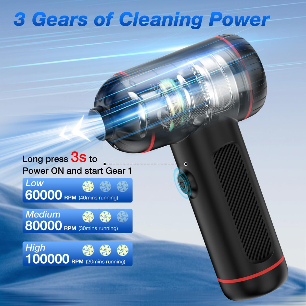 Compressed Air Duster, 100000RPM Handheld Car Vacuum/Air Blower& Pump, 3 Gear Adjustable Electric Air Duster/Car Vacuum Cleaner, Keyboard Duster with LED Light-10 Kits Air Blower for Computer(Black)