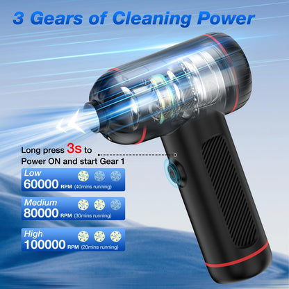 Compressed Air Duster, 100000RPM Handheld Car Vacuum/Air Blower& Pump, 3 Gear Adjustable Electric Air Duster/Car Vacuum Cleaner, Keyboard Duster with LED Light-10 Kits Air Blower for Computer(Black)