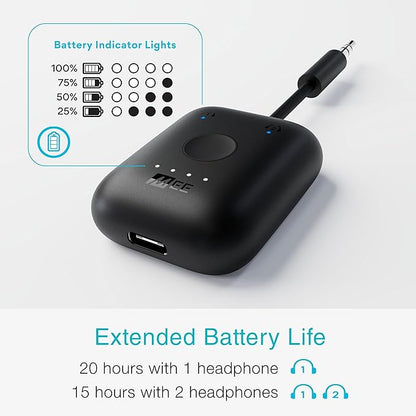 MEE audio Connect Air (2 PACK) in-Flight Bluetooth Wireless Audio Transmitter Adapter for up to 2 AirPods/Other Headphones; Works with All 3.5mm Aux Jacks on Airplanes, Gym, TVs, & Gaming, Black&White