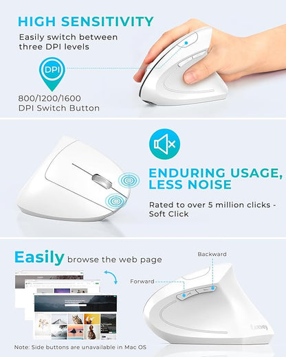 Lekvey Ergonomic Mouse, Vertical Wireless Mouse, Rechargeable 2.4G Optical Carpal Tunnel Mice with USB Receiver: 1000/1200 / 1600 DPI, 6 Buttons, for Laptop, Computer, PC, Desktop, Notebook, White