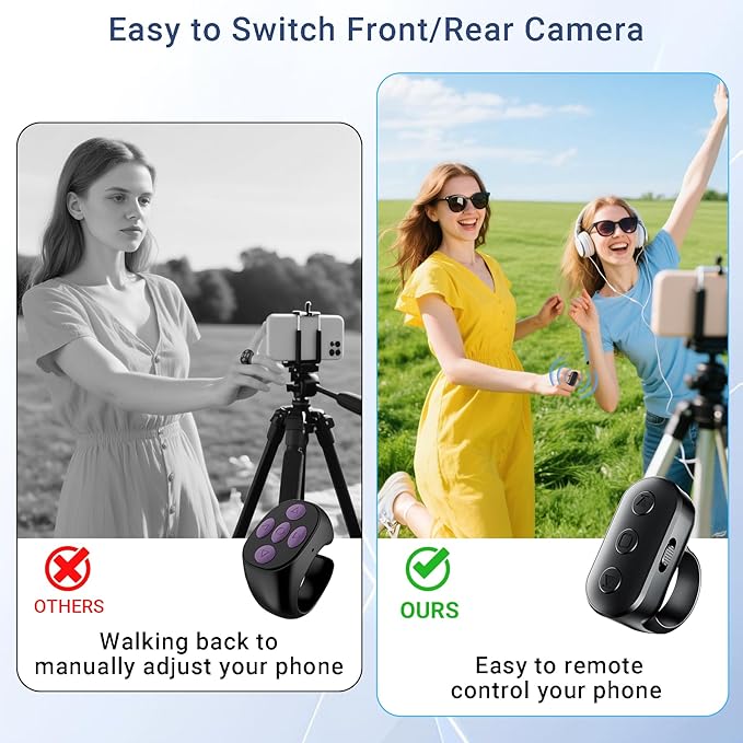 Phone Camera Remote Control with Zoom for iPhone & Android, Rechargeable Bluetooth Camera Remote with Front/Rear Camera Switch, Fingertip Wireless Bluetooth Clicker for Photo & Video Recording.