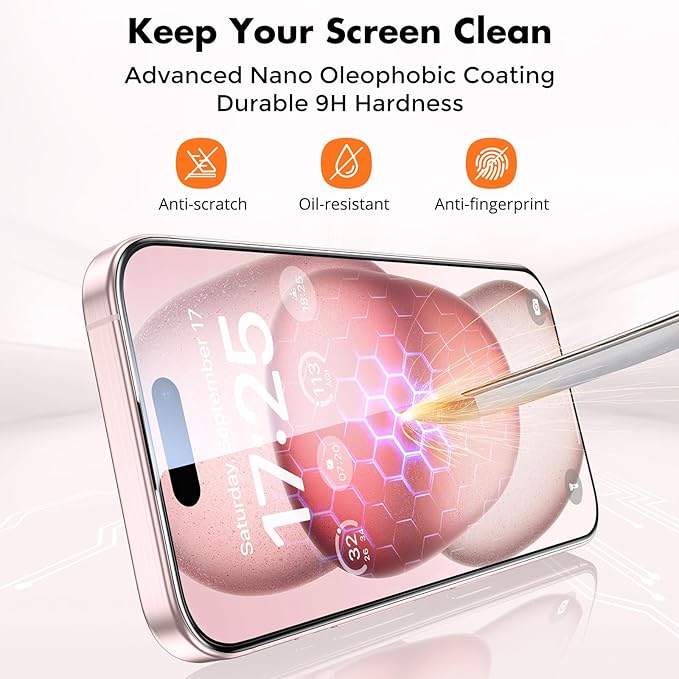 UNBREAKcable 3-Pack Screen Protector for iPhone 15, Double Shatterproof Tempered Glass [Easy Installation Frame] [99.99% HD Clear] [9H Hardness] [Full Coverage] [Case Friendly] for iPhone 6.1 inch