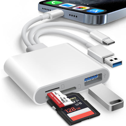 AkHolz SD Card Reader for iPhone iPad Mac Trail Game Camera Viewer Built-in 3-in-1 Connector (Lightening, USB-C and USB-A) with SD MicroSD USB-A 3 Slots, Portable No App Required Plug & Play - White