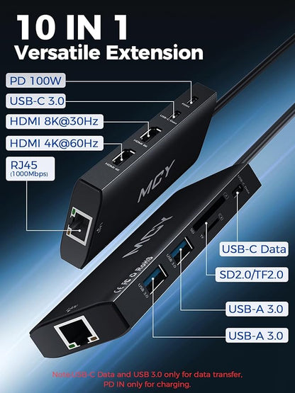 MCY USB C Hub,Laptop Docking Station Dual Monitor Single 8K,2x4K@60Hz,10 in 1 Type-C Multiport Adapter with 2 HDMI,PD100W,Extender Splitter,Card Reader,Ethernet Dock for Mac/Dell/HP/Surface/Steam Deck