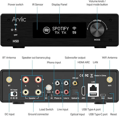 Arylic H50 Hi-Fi 50W*2 WiFi Audio Amplifier with Bluetooth aptX HD, HDMI ARC, AirPlay 2 and Spotify Streaming for Wireless Home Music. Support for transmitting and Receiving Music