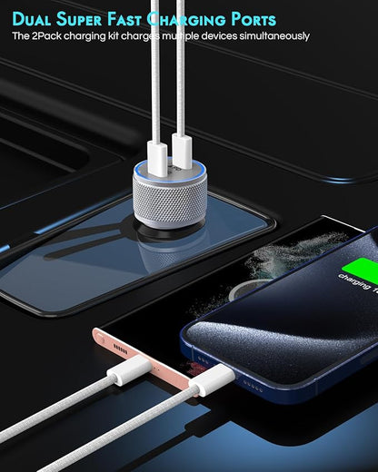 iPhone 16 Car Charger,2Pack Dual Port USB C Fast Car Charger Type C Rapid Charging Adapter with 2Pack USB C to C Nylon Braid Cable Woven Cord Fast Charging for iPhone 16/16 Pro/15/15 Pro Max/iPad