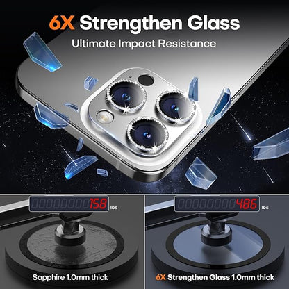 Camera Lens Protector for iPhone 16 Pro Max/16 Pro/15 Pro Max/15 Pro/14 Pro Max/14 Pro, Aluminum Alloy Sapphire Glass Camera Screen Cover, Case Friendly-Silver Diamond