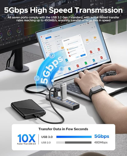 ORICO Aluminum 7-Port USB Hub with 3.28Ft Cable, Multiple USB 3.0 Hub, 5Gbps Data Transfer, 5V 3A Type-C Port, UBS-A Splitter for PC, Laptop, Desktop