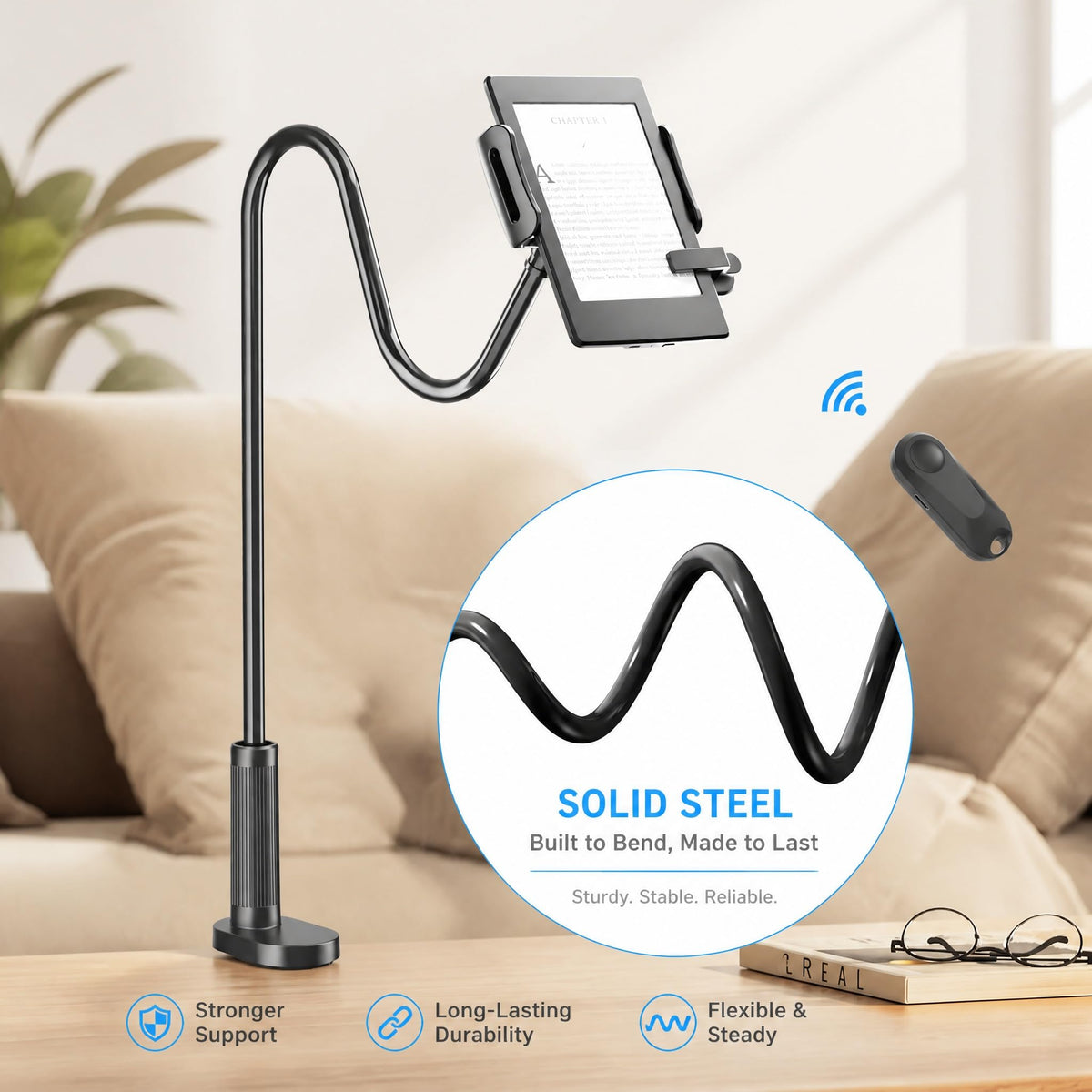 Kefotic Gooseneck Tablet Holder for Kindle Reading in Bed with Page Turner Remote, Hands Free Desk Bedside Lazy Arm Stand for Kindle Accessories, Gifts for Readers