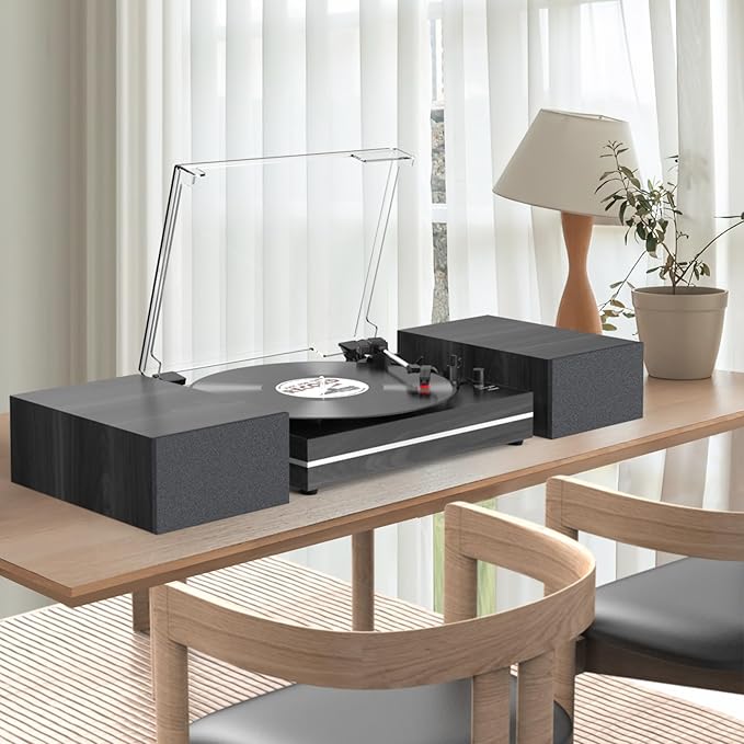 Vinyl Record Player with Dual Separate Stereo Speakers Vintage Turntable with BT Wireless Input Playback Belt Drive 3 Speed 3 Size Playback Record Player Support AUX Headphone Input RCA Out Auto Stop