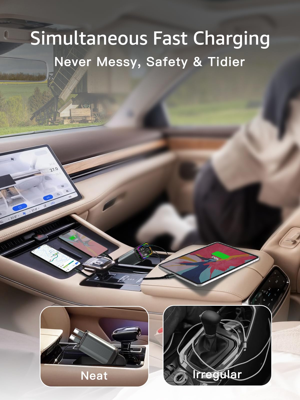 PDMAX Retractable Car Charger USB C,145W Type C Car Charger Fast Charging with Dual Retractable USB C Cable and USB Ports for iPhone 17/16/15,S25/24/23/22, Pixel 9/8/7(Build-in Dual Type C Cable)