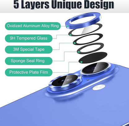 AGVEE 3+3 6 Pack for iPhone 16 6.1" / 16 Plus 6.7" Camera Lens Cover Protector, Bling Glitter & CD-Textured Metal Ring 9H Tempered HD Glass Camera Cover Protector Film, Glitter-Blue