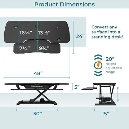VERSADESK® PowerPro™ 48” x 24” Extra Wide Electric Sit-to-Stand Desk Converter w/ Keyboard Tray for Home or Office | USB Charging Port | Supports Multiple Monitors | Lifts 80 lbs. - Black