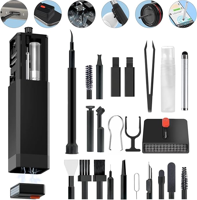 Cell Phone Cleaning Kit, iPhone Cleaning Kit for Charging Port Cleaner Keyboard Cleaning Kit for Airpods/Android/USB C/Earbuds/Laptop/iPad/Camera Lens with Stylus Pen, SIM Tool, Screen Brush(Black)