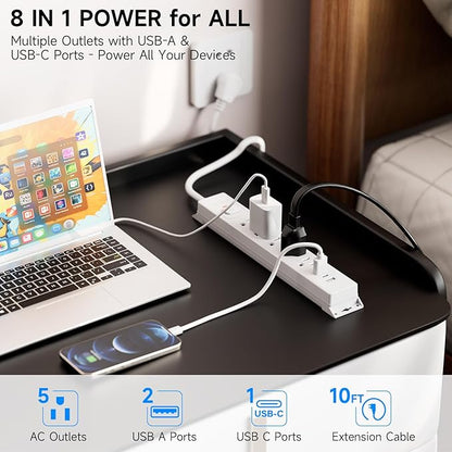 10 Ft Power Strip Surge Protector with USB Ports, Flat Plug Extension Cord, 5 AC Outlets and 3 USB Charging Ports, Wall Mountable, ETL Listed – White for Home, Office, Dorm