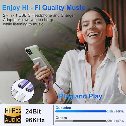 USB Type C Splitter 2 in 1 USB C Headphone and Charger Adapter Audio Dongle Cable with PD 60W Fast Charging for Samsung Galaxy A17 A16 A15 A56 S25 S24 S23 S22 S21 iPhone 17 16 15 Pro Max Pixel 10 9 8