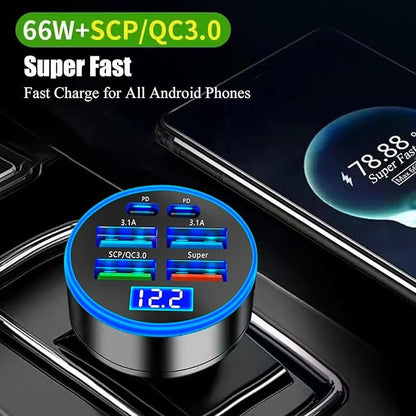 Super Fast Charge USB C Car Phone Charger Adapter 6 in 1 with Voltage Display 250W Multi Port Cigarette Lighter USB Charge for iPhone 16 15 14 13 12 11 Samsung Galaxy Huawei Oneplus Oppo Vivo