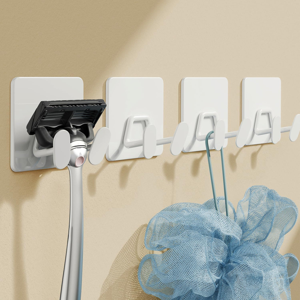 Adhesive Shower Hooks for Inside - Extra Sticky Razor Holder, White 4 Pack