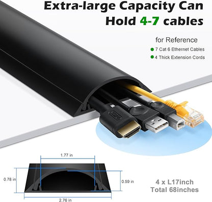 Cord Cover Floor 68in (4 x L17in), Large Capacity Floor Cable Cover, Hard PVC Cord Hider, Wire Cable Management Raceway, Black, Cord Cavity - 1.8"(W) x 0.6"(H)