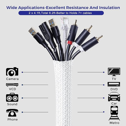 Cable Management Sleeves 1in - 2 Pack 6.6ft Split Braided Cable Sleeve White, Cord Protectors from Pets, Wire Organizers for Cords, Flexible Cord Wrap Wire Sleeve for Computer Cord Organizer