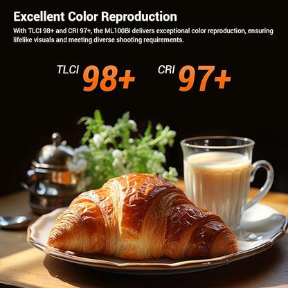Godox ML100Bi Bi-Color LED Video Light, 120W 34300Lux@1M CRI 97+ TLCI 98+ 2800K-6500K, 11 FX Effects Photography Light, Portable LED Continuous Light