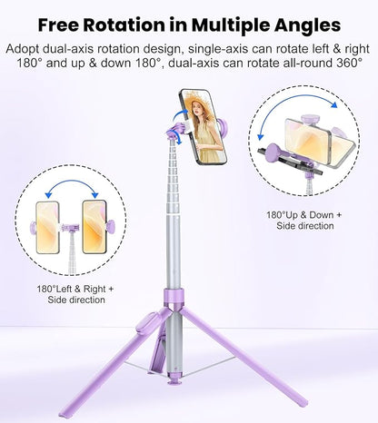 TONEOF 66" Automatic Tripod,Auto-Open Phone Tripod Stand with Magnetic Rechargable Remote,Selfie Stick Tripod 360° Vertical & Horizontal Rotatable,Stable Travel Tripod for iPhone/Android(Purple)