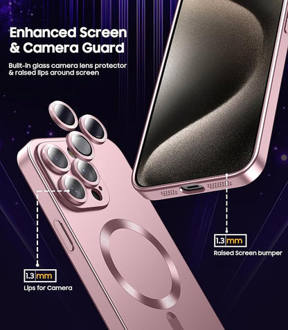 Magnetic for iPhone 15 Pro Max Case [Compatible with MagSafe][Built-in Camera Lens Protector] Slim Soft Silicone Bumper Shockproof Metallic Luster Phone Case (Rose Gold)