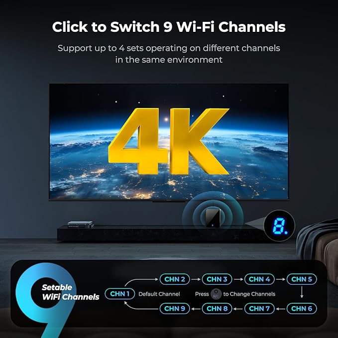 Wireless HDMI Transmitter and Receiver 4K 30Hz, 400FT/120M Long Range, 9 Adjustable Channels, 1TX to 3RX– Stream HD Video/Audio from Laptop, PC, Camera to TV, Projector, Monitor