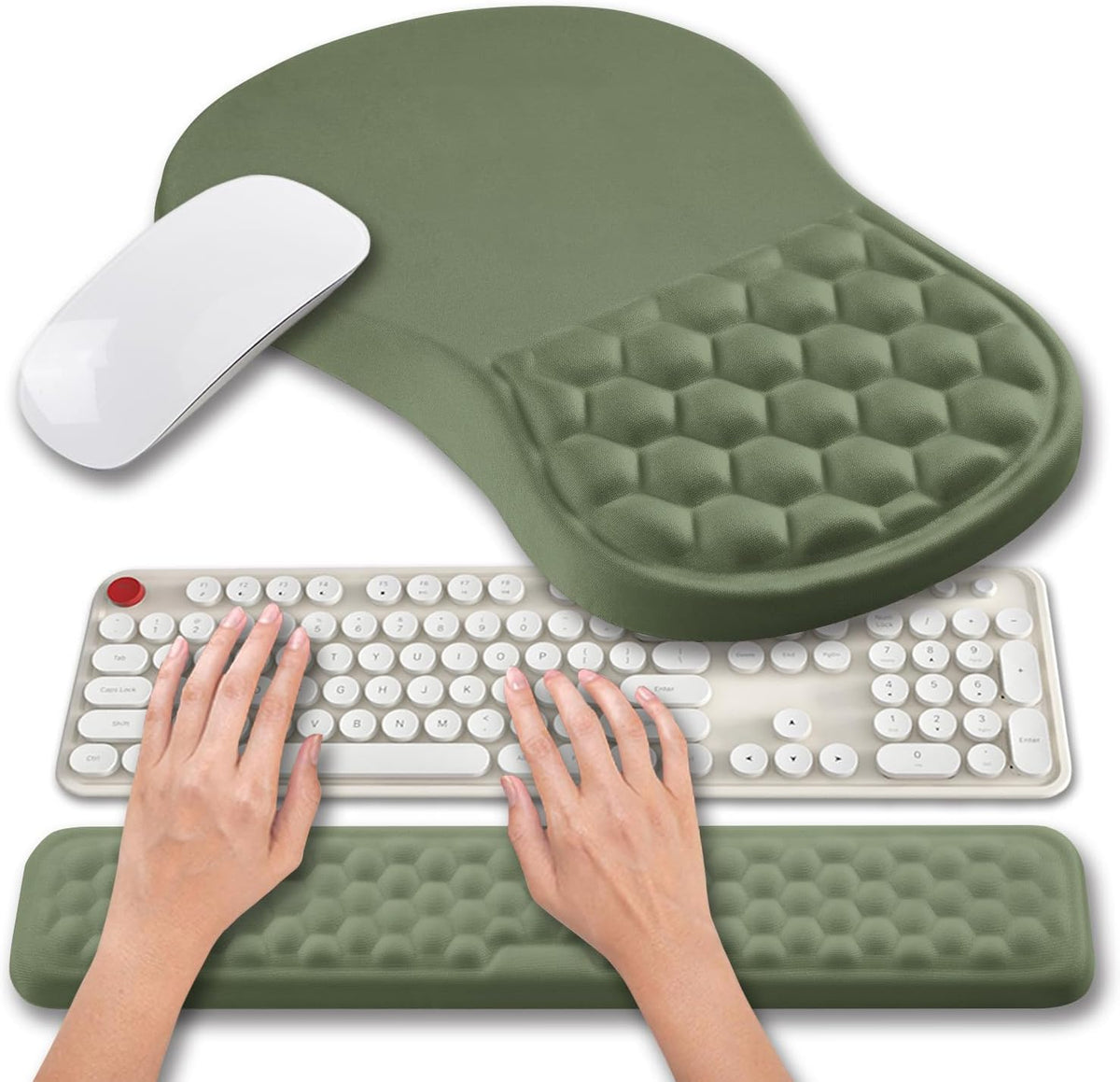 Hokafenle 2 in 1 Ergonomic Mouse Pad Wrist Support & Wrist Rest for Computer Keyboard Set, with Relieve Carpal Tunnel Pain Massage Bulge and Full Memory Gel Design (2In1 Set, Sand Color)
