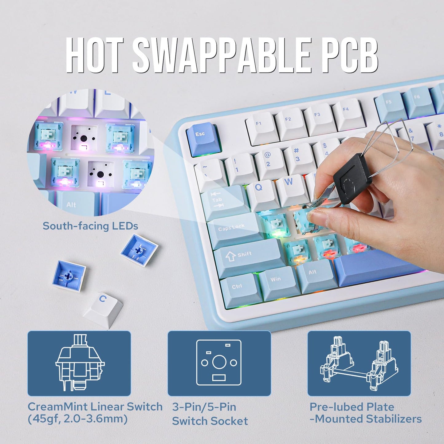 MechLands Vibe99 Wireless Gaming Keyboard with 1.06'' Screen, 96% Hot Swappable Creamy Mechanical Keyboard with Gasket Structure, BT5.0/2.4GHz/USB-C, 5-Layer Padding, RGB, NKRO for Win/Mac (Blue)