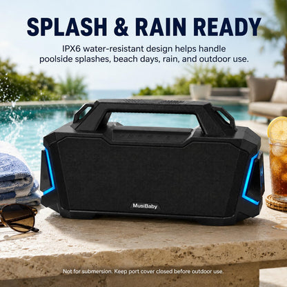 Musibaby 80W Portable Bluetooth Speaker, Loud Bass, IPX6 Waterproof, Black